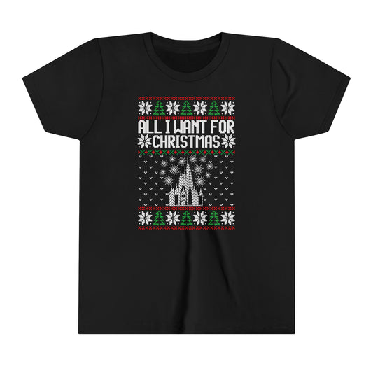 Disney World Ugly Sweater "All I Want for Christmas" Youth Short Sleeve Tee Shirt