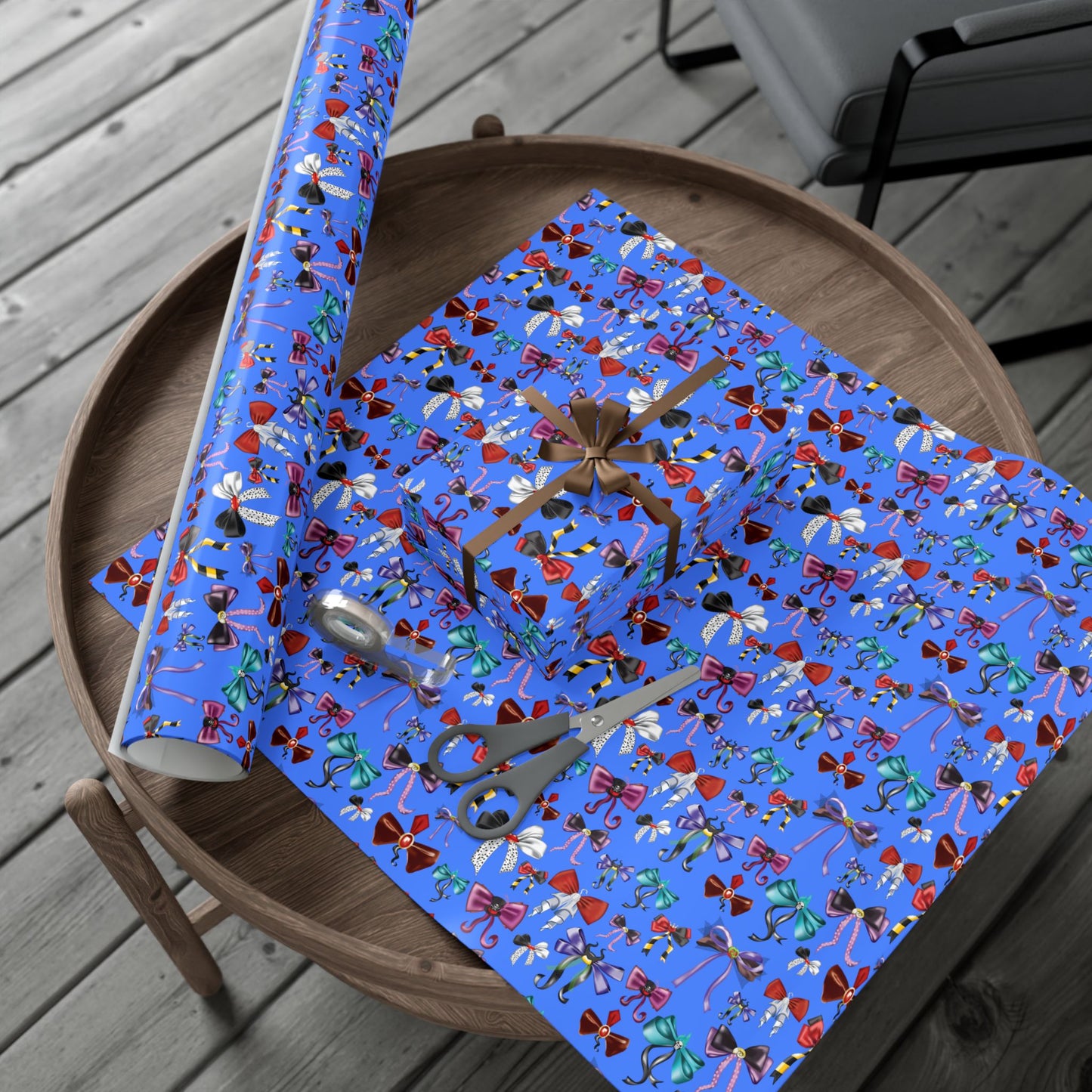 Bad to the Bow, Villains Bows, Cornflower Blue Background - Gift Wrap Papers