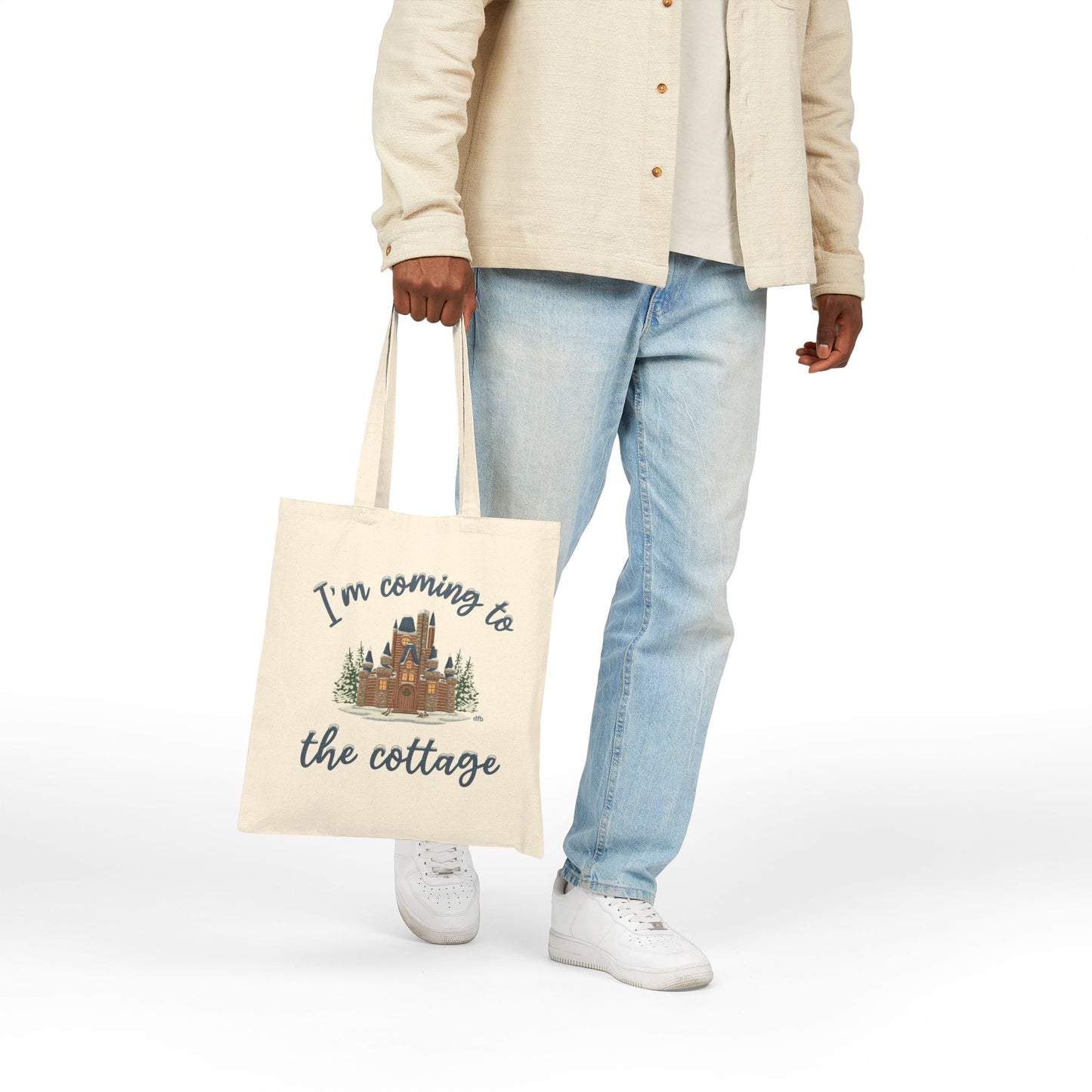 Snowy Cabin Castle, I'm Coming to the Cottage - Cotton Canvas Tote Bag