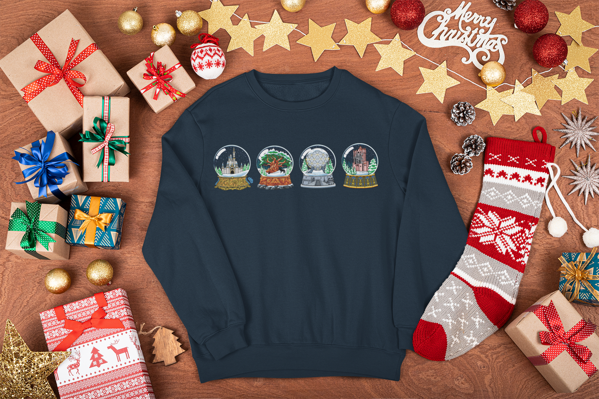 Park Landmarks in Snowglobes, Classic Cinderella Castle Colors - Adult Crewneck Sweatshirt