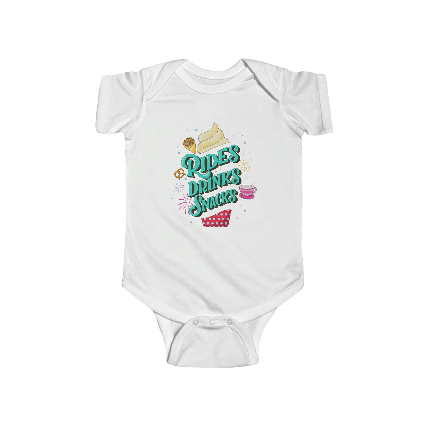Rides, Drinks, Snacks Baby Onesie