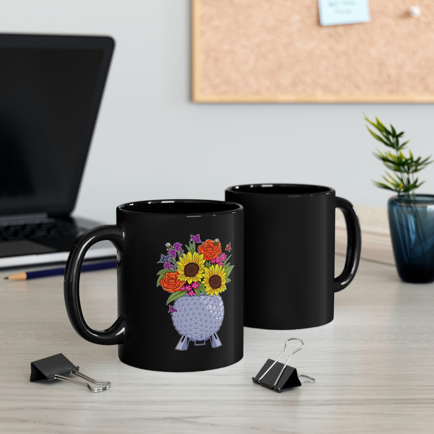 EPCOT Spaceship Earth Flowers Black Mug