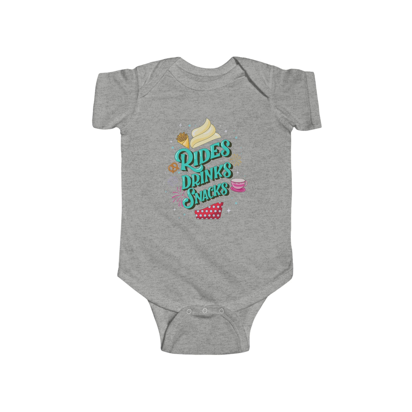 Rides, Drinks, Snacks Baby Onesie