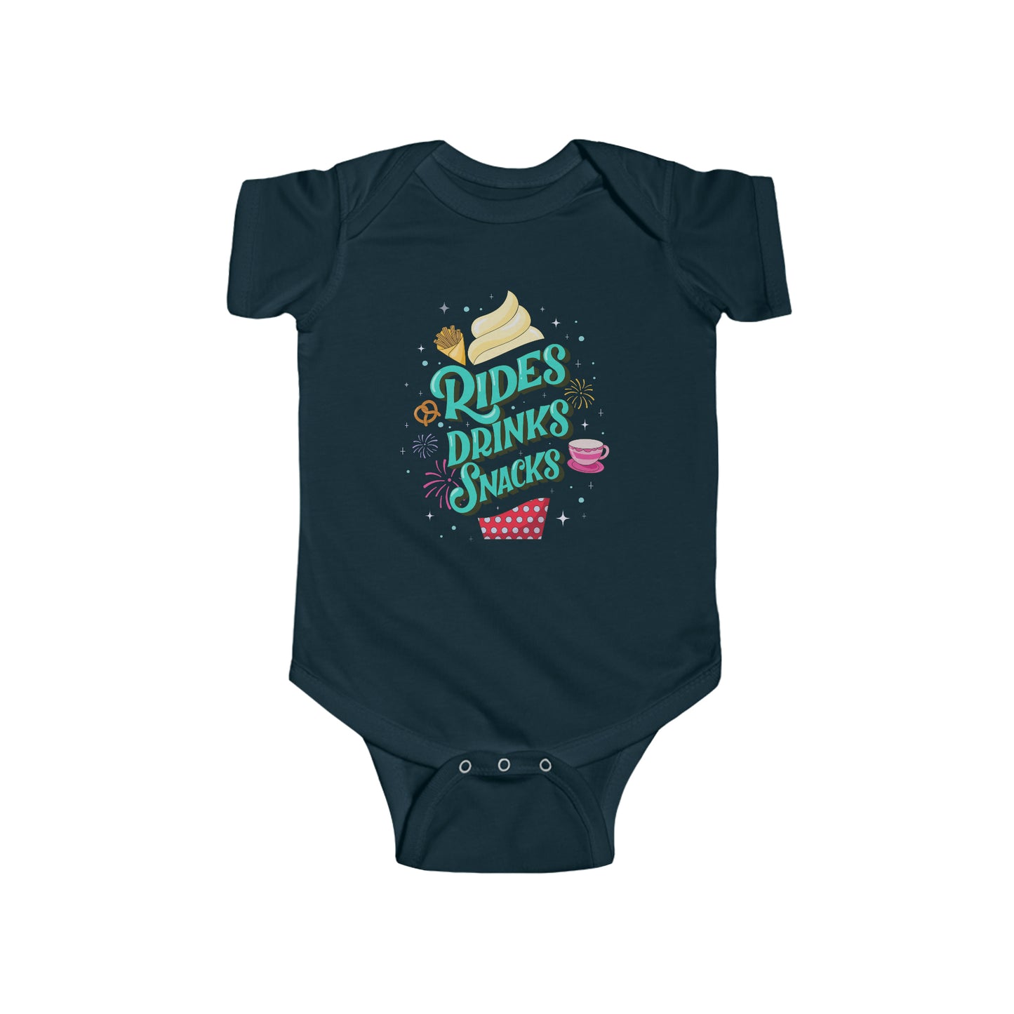 Rides, Drinks, Snacks Baby Onesie
