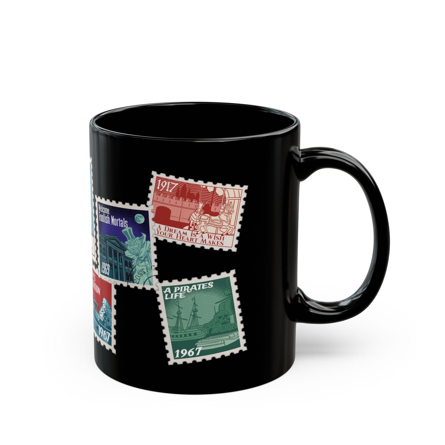Magic Kingdom Vintage Stamps - Black Mug