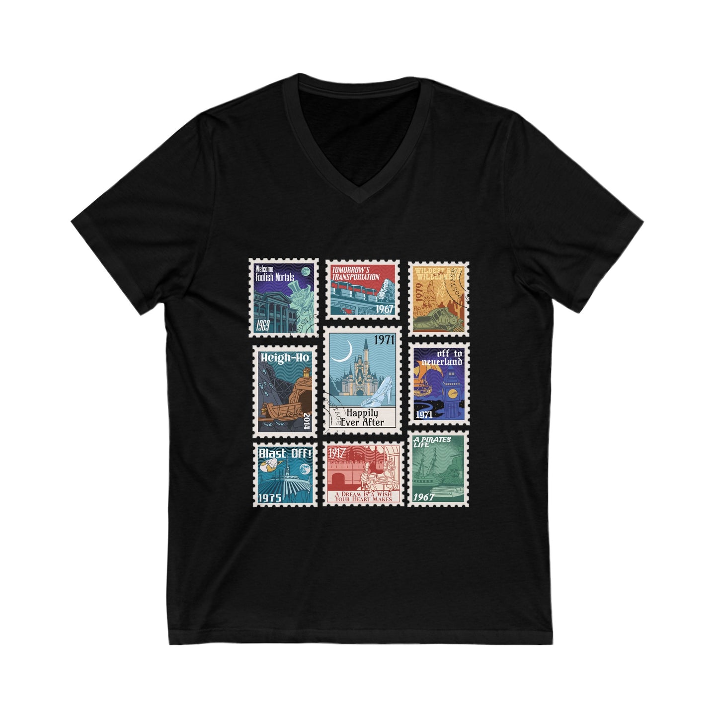 Magic Kingdom Vintage Stamps - Short Sleeve V-Neck Tee