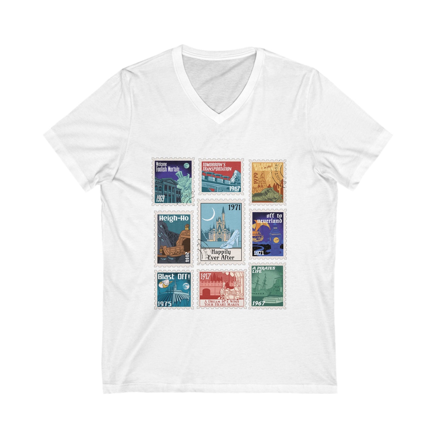 Magic Kingdom Vintage Stamps - Short Sleeve V-Neck Tee