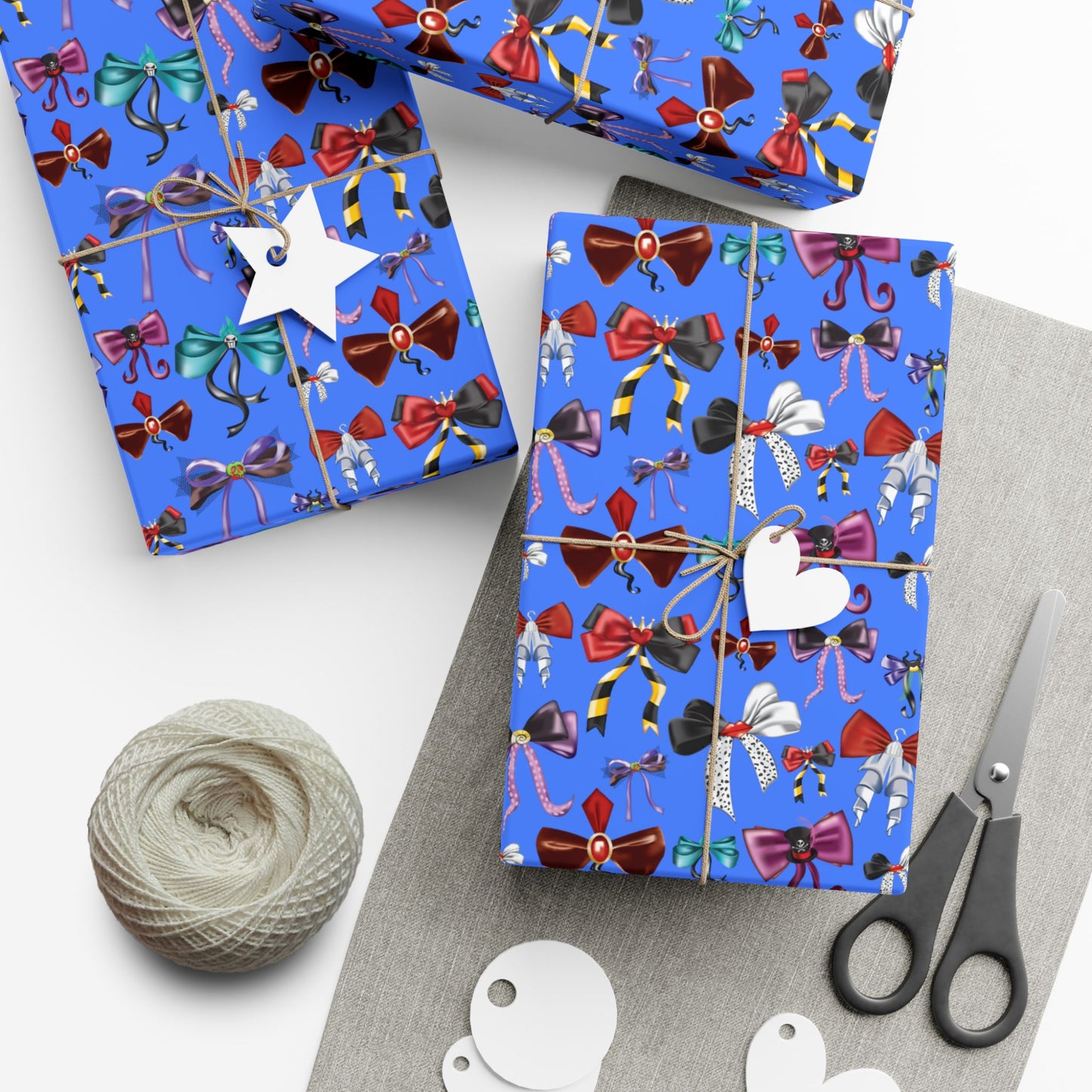 Bad to the Bow, Villains Bows, Cornflower Blue Background - Gift Wrap Papers