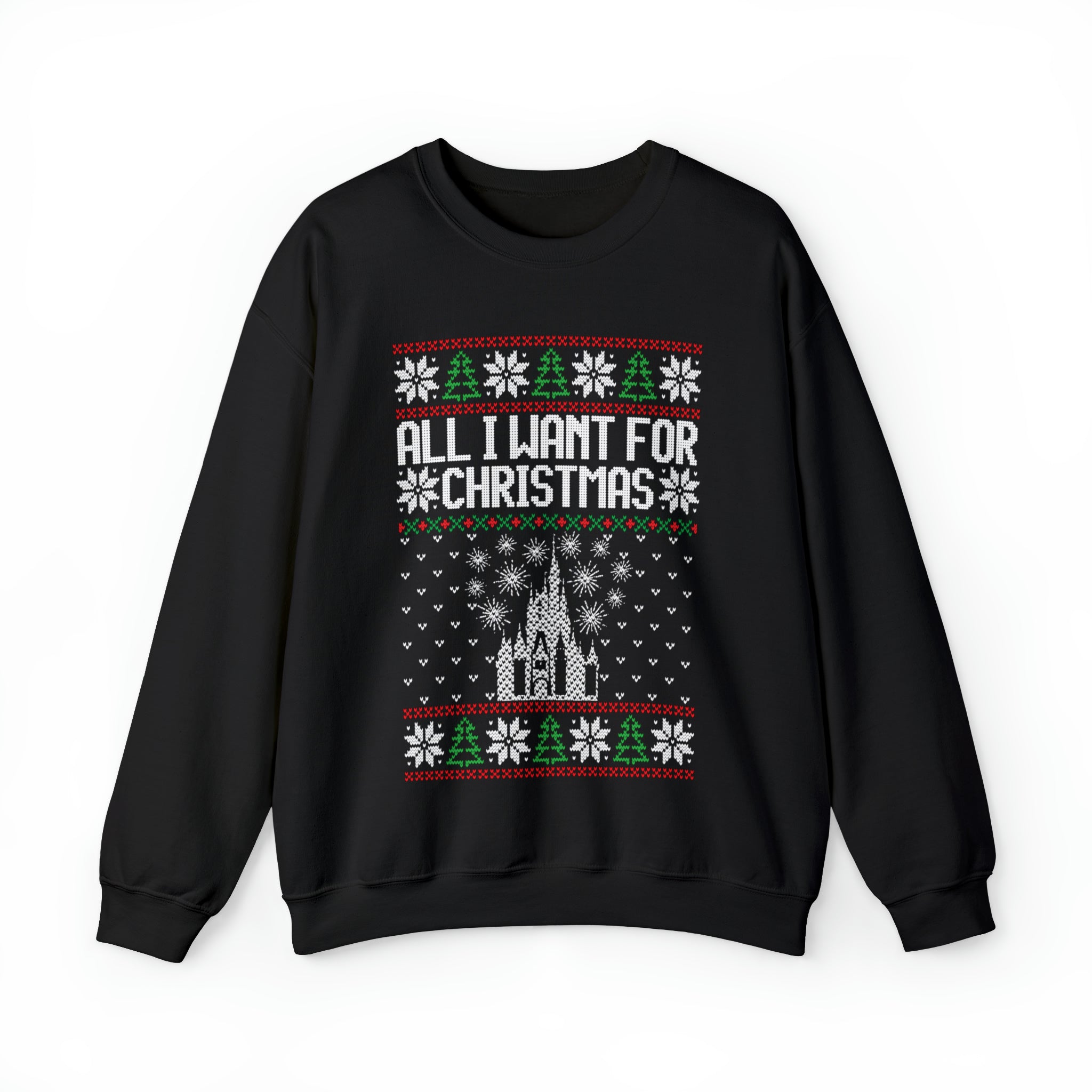 Printify Disney World Ugly Sweater All I Want for Christmas Adult Crewneck Sweatshirt M Black