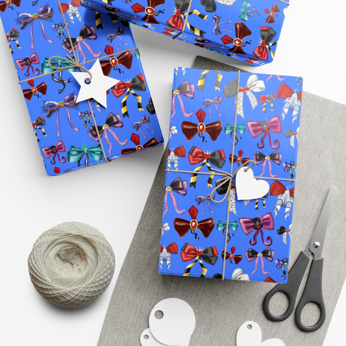 Bad to the Bow, Villains Bows, Cornflower Blue Background - Gift Wrap Papers