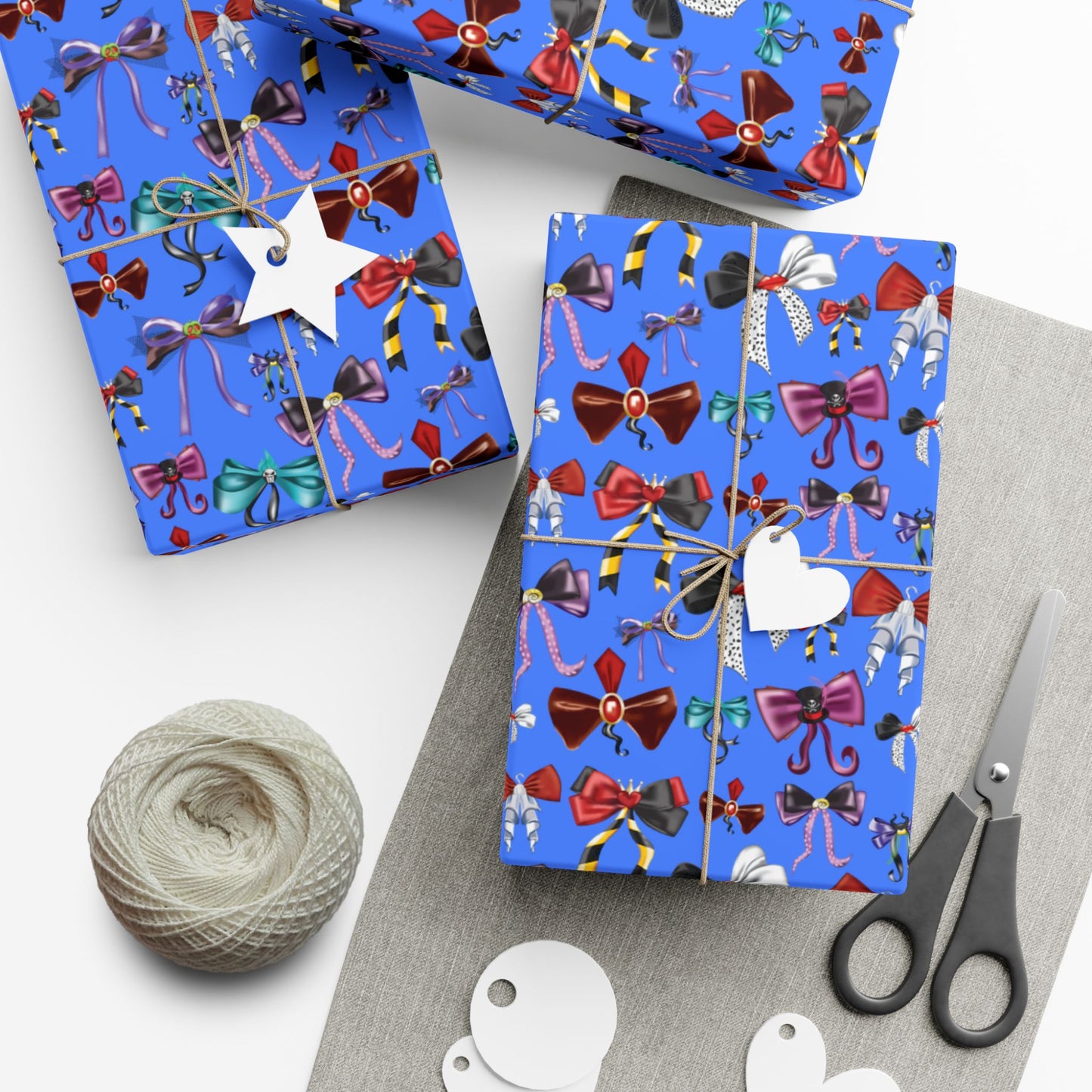 Bad to the Bow, Villains Bows, Cornflower Blue Background - Gift Wrap Papers