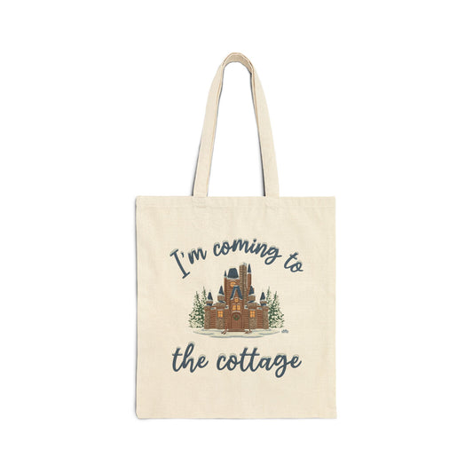 Snowy Cabin Castle, I'm Coming to the Cottage - Cotton Canvas Tote Bag