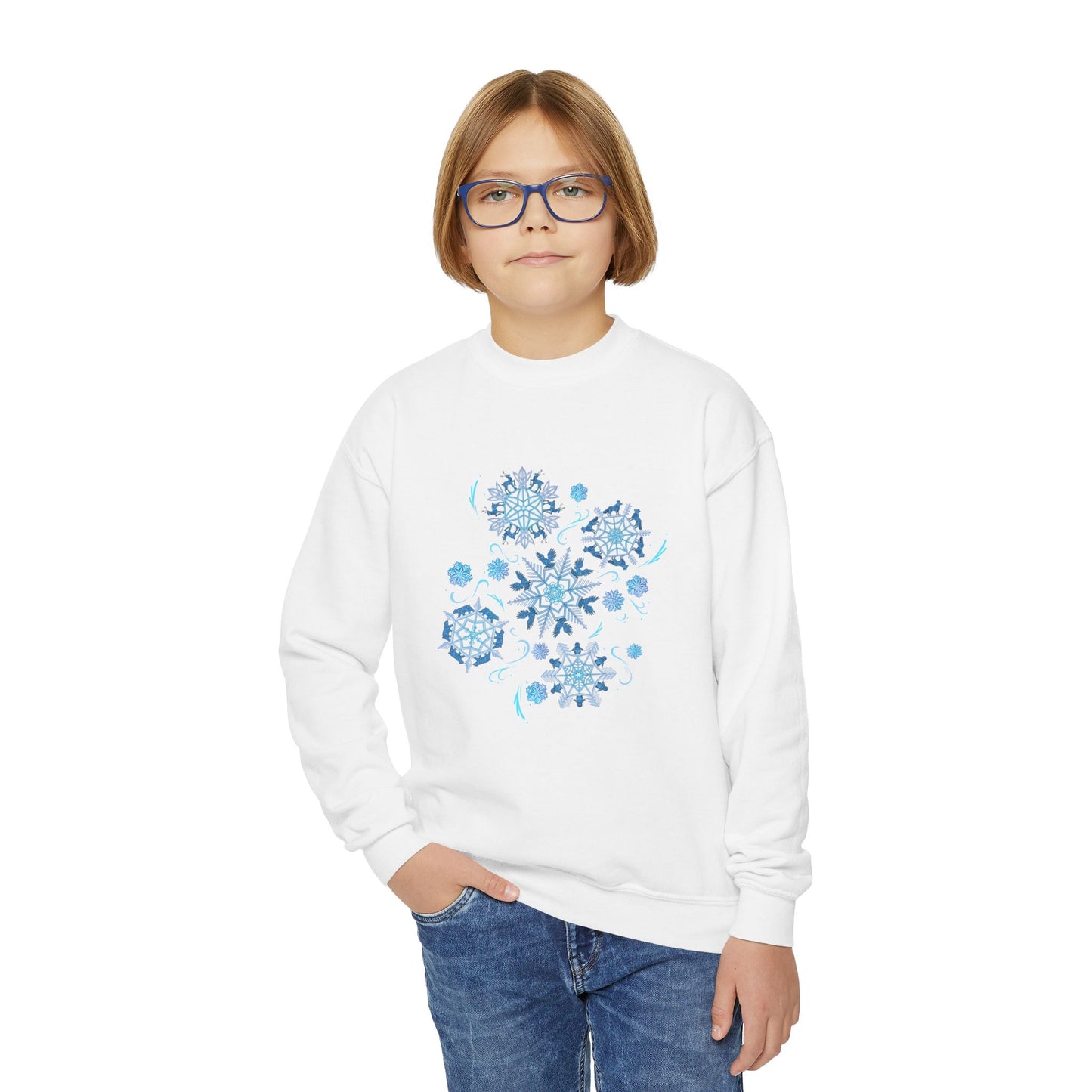 Merry Menagerie Snowflakes - Animal Kingdom Puppets - Youth Crewneck Sweatshirt