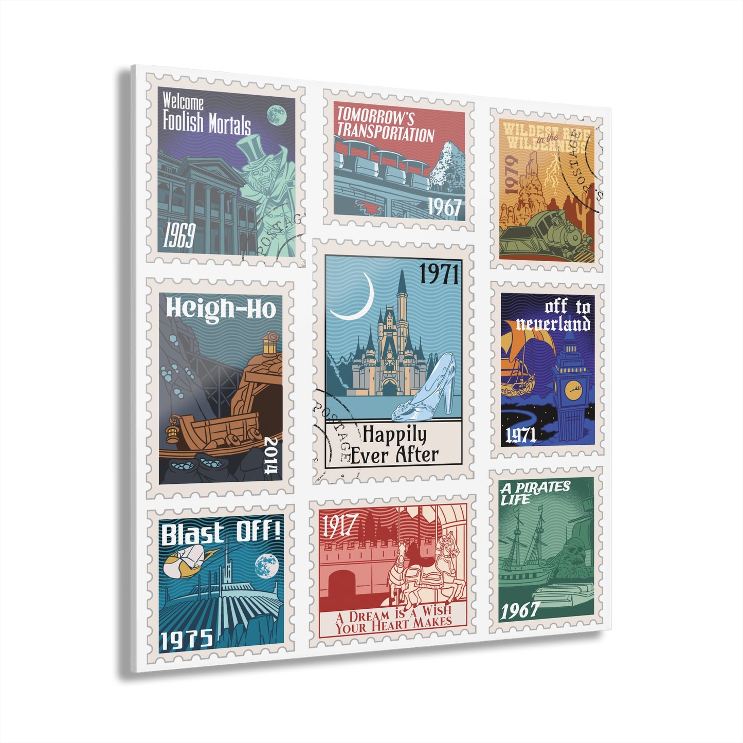 Magic Kingdom Vintage Stamps - Acrylic Prints (French Cleat Hanging)