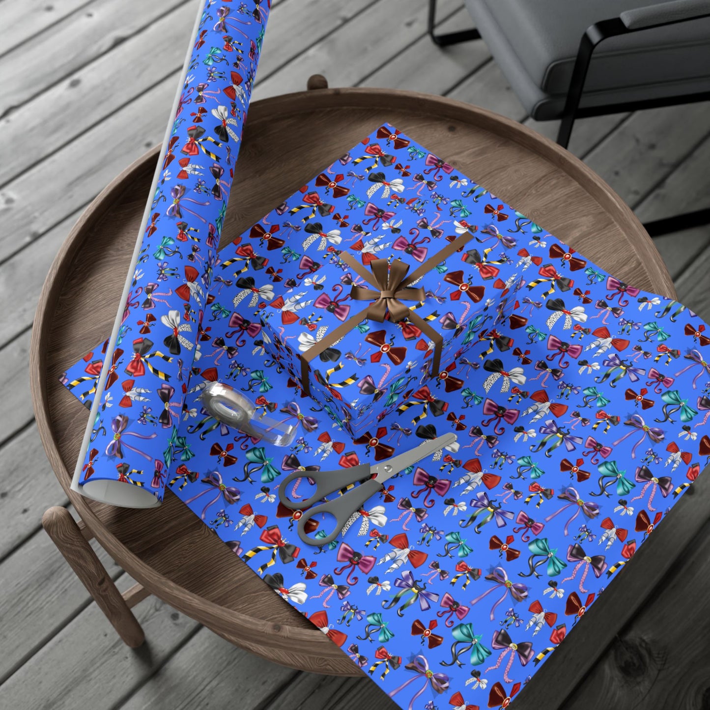 Bad to the Bow, Villains Bows, Cornflower Blue Background - Gift Wrap Papers