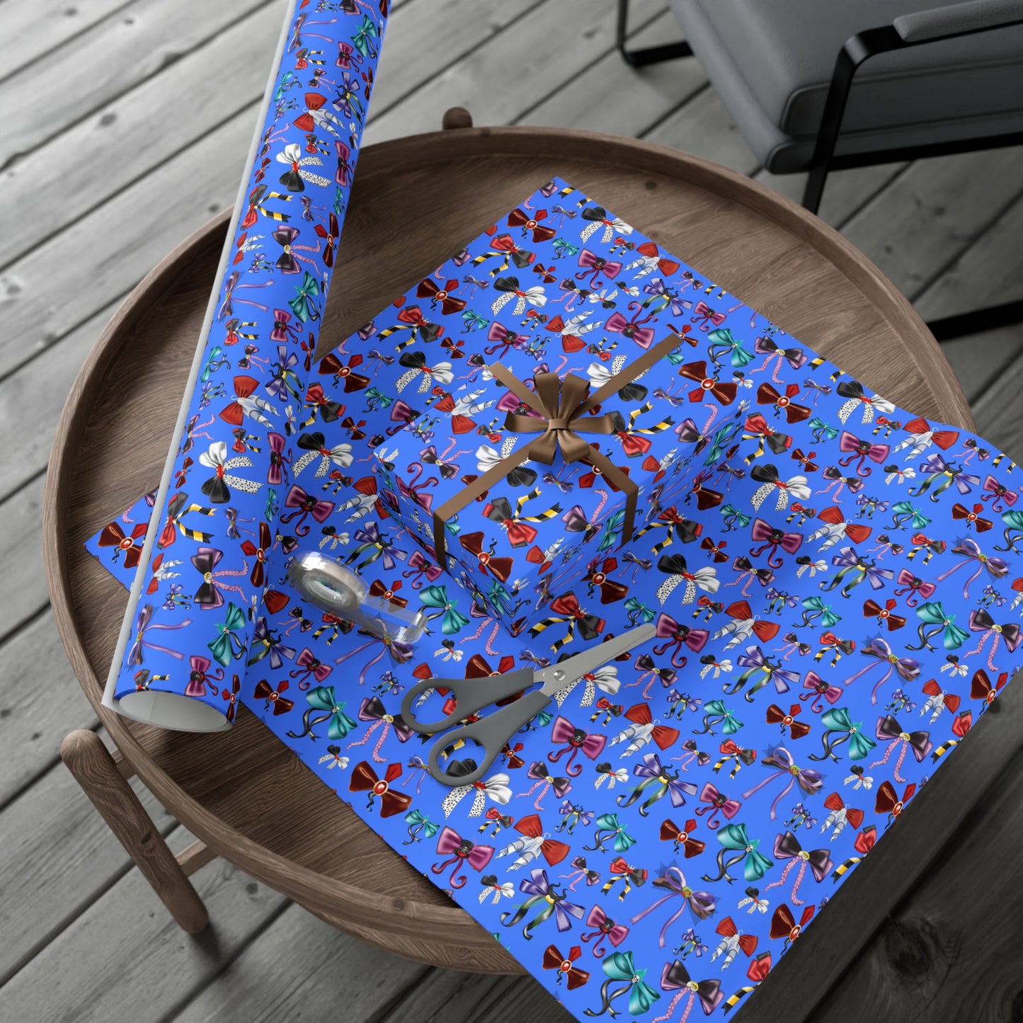 Bad to the Bow, Villains Bows, Cornflower Blue Background - Gift Wrap Papers