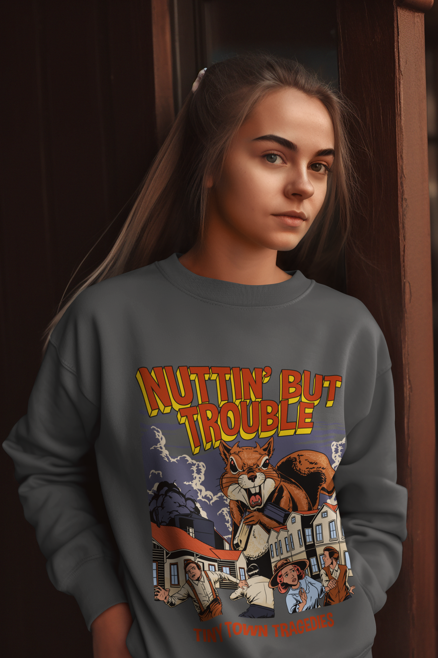 Nuttin But Trouble, Tiny Town Tragedies - Adult Crewneck Sweatshirt