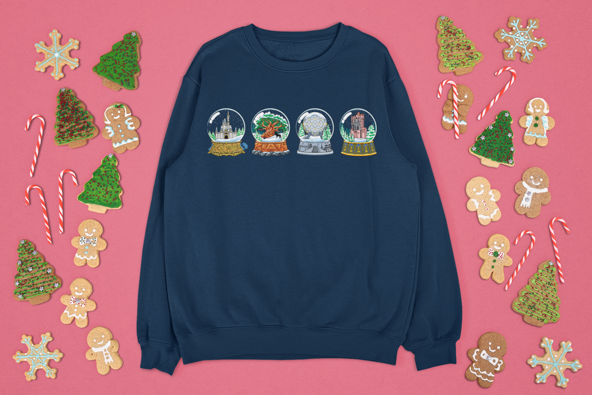 Park Landmarks in Snowglobes, Classic Cinderella Castle Colors - Adult Crewneck Sweatshirt