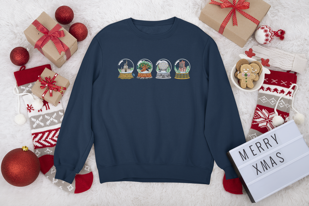 Park Landmarks in Snowglobes, Classic Cinderella Castle Colors - Adult Crewneck Sweatshirt