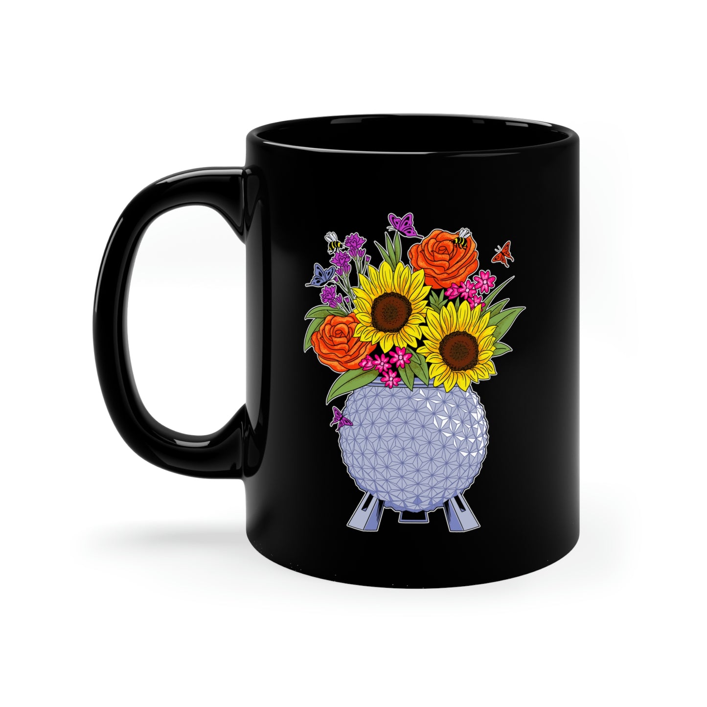 EPCOT Spaceship Earth Flowers Black Mug